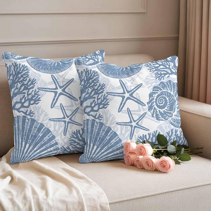 Outdoor Pillow Covers 16x16 Inch Set of 2, Lake Blue Coastal Waterproof Throw Pillow Covers, Beach Starfish Nautical Coral Shell Summer Decorative Cushion Pillowcases for Couch Sofa Bed Garden Patio