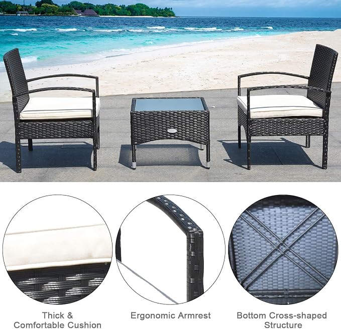 Tangkula 3 PCS Patio Wicker Rattan Furniture Set, Rattan Chair with Coffee Table, High Load Bearing Chair Conversation Sets for Patio Garden Lawn Backyard Pool (Black)