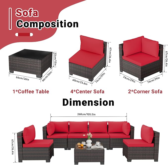 LEVELEVE 7-Piece Outdoor Patio Furniture Sets, Manual Weaving Rattan Conversation Sectional Sofa with Tempered Glass Coffee Table, All-Weather PE Wicker & Thick Cushions for Garden, Backyard, Porch