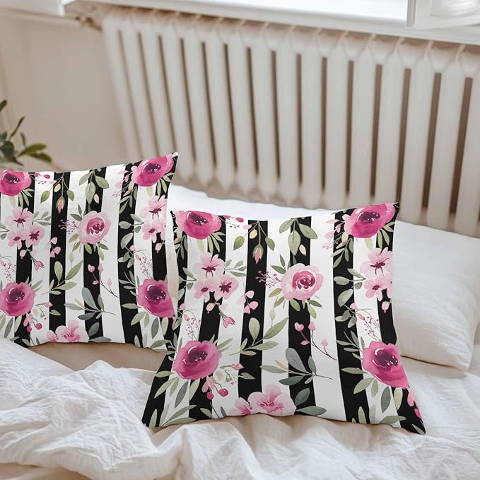 Vandarllin Outdoor Throw Pillows Covers 16x16 inch Set of 2 Waterproof Pink Flowers Decorative Zippered Cushion Covers for Patio Furniture, Floral Leaves Black Stripes Lumbar Pillowcases