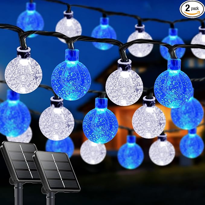 Solar String Lights Outdoor Waterproof 2 Pack 100 LED 64FT Patio Lights | Blue and White Crystal Globe, 8 Lighting Modes, Auto On/Off, Solar Powered Light for Outside Yard Wedding Party Decorations