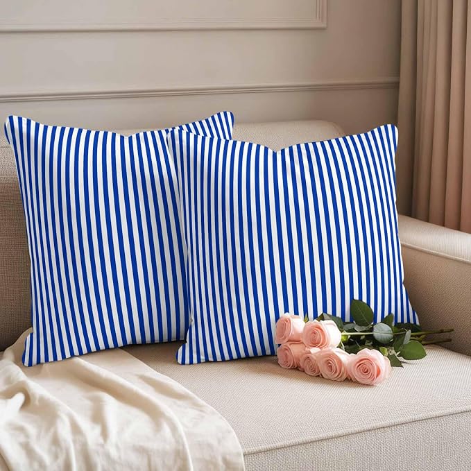 Throw Pillow Covers 20x20 Inch Set of 2, Navy Blue Stripe Waterproof Outdoor Cushion Covers, Modern White Vertical Striped Geometric Decorative Pillowcases for Couch, Sofa, Bed, Garden, Patio