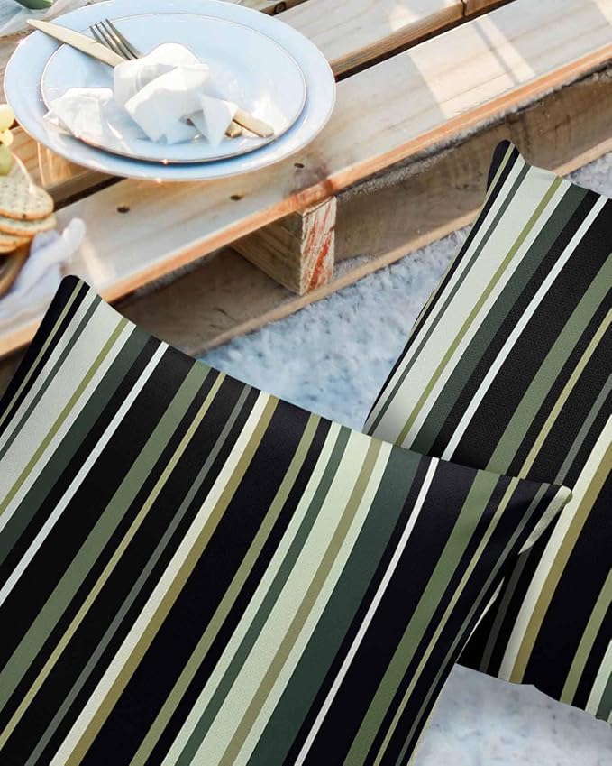 Outdoor Waterproof Pillow Covers for Patio Simple Stripe Decorative Throw Pillow Cover Black And Green Geometric Pattern Pillowcases Set of 2 Cushion Case for Sofa Couch Chair Home Decor 18x18 inch