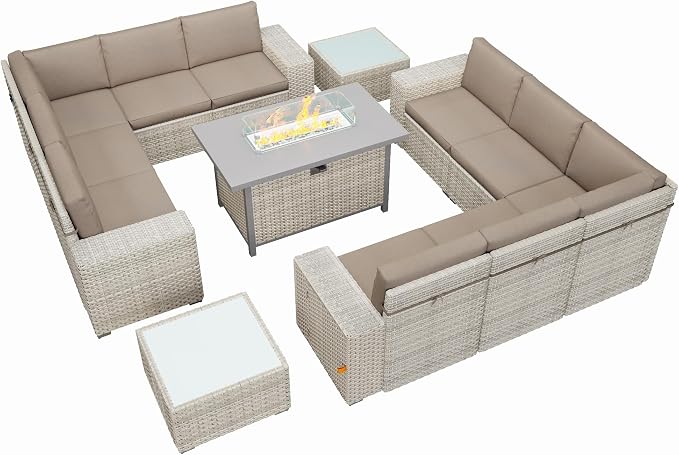 13 Piece Patio Furniture Set, 8" Wide Arm Sectional Sofa Set with 50000 BTU Propane Fire Pit Table & Coffee Table, Rattan Outdoor Conversation Set for Garden, Porch, Lawn, Khaki