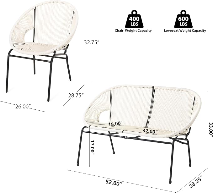 Christopher Knight Home Dessa 3 Piece Patio Furniture Set, Patio Wicker Accent Chair Set of 2 and Loveseat, Metal Frame 4 Seater Outdoor Papasan Lounge Chair Set, PE Rattan Outdoor Bistro Set, White