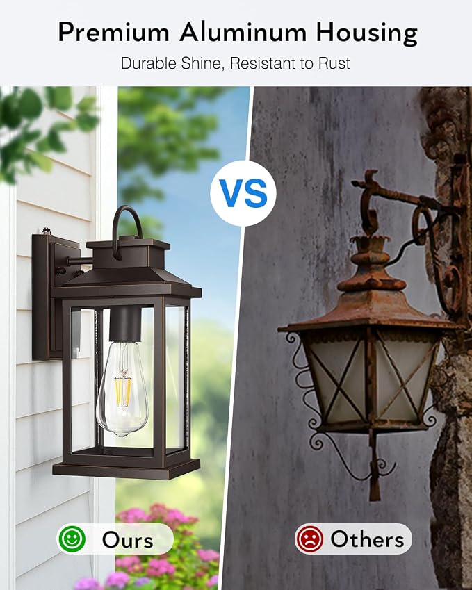 VIANIS Dusk to Dawn Outdoor Light Fixtures Wall Mount, Farmhouse Oil Rubbed Bronze Exterior Wall Sconce Lanterns Lighting for House, Waterproof Outside Front Door Light with Tempered Glass for Porch | Farmhouse ORB Gold Trim Exterior Wall Sconce Lanter...