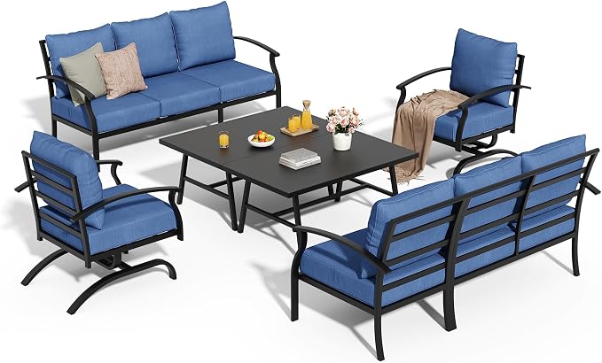 Metal Patio Furniture Set,6 Pieces 8 Seats Patio Sectional Outdoor Furniture Set with 2 Rectangular Coffee Tables,Patio Conversation Sets with 5.1" Thickened Cushions,Navy Blue