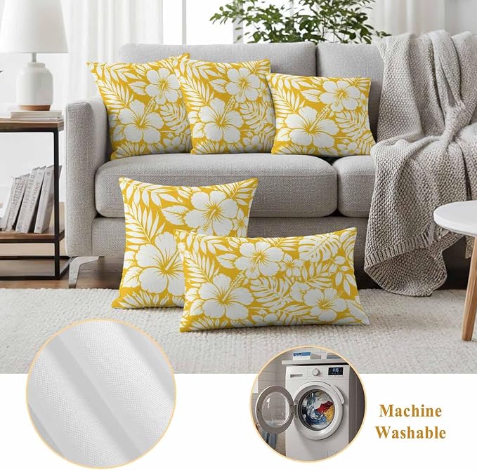 Yellow Hibiscus Flowers Waterproof Outdoor Pillow Covers Set of 2 Home Decor, Tropical Monstera Leaves Pillowcase Patio Pillow Covers for Couch Bench Patio Furniture Garden 18x18in