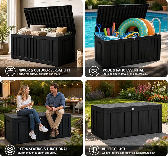 LAUSAINT HOME 260 Gallon Resin Deck Box, Outdoor Toy Storage Box, Package Delivery Box with Lockable Lid, Waterproof Outdoor Storage Box For Garden Tools, Patio Cushions(260 Gallon,Black)