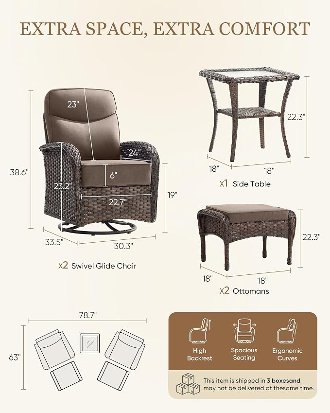 Belord Upgraded 6“ Cushion Luxury 5 Pieces Patio Furniture Set - All Weather Wicker Outdoor Swivel Rocker Patio Chairs of 2 with Ottomans, High Back Glider Chairs Set for Deck Porch - Brown/Grey