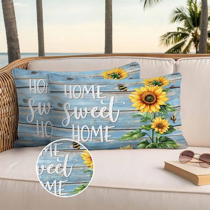 Lumbar Pillow Covers 20x12 Inch Set of 2, Spring Sunflower Waterproof Outdoor Pillow Covers, Bee Wooden Grain Country Rustic Decorative Cushion Pillowcases for Couch, Sofa, Bed, Garden, Patio