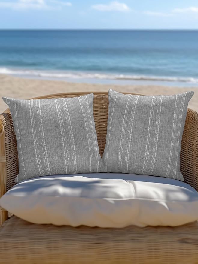 Waterproof Outdoor Pillow Set of 2 Gray Linen Stripes Decorative Throw Pillows Cover & Insert 18x18 Inch Pillowcase Parallel Vertical Lines Pillows for Couch Sofa Bed Patio Furniture Indoor Outdoor