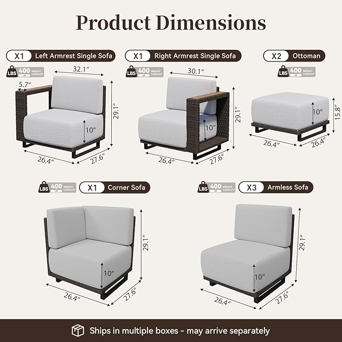 LazySunsets Patio Furniture Set, 8 Pieces Wicker Outdoor Sectional Sofa with 10'' Ultra-Thick Cushions & Ottomans, All-Weather Rattan Conversation Set for Backyard Poolside, Brown/Light Gray