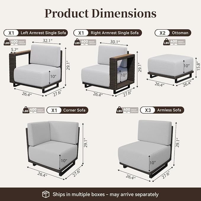 LazySunsets Patio Furniture Set, 8 Pieces Wicker Outdoor Sectional Sofa with 10'' Ultra-Thick Cushions & Ottomans, All-Weather Rattan Conversation Set for Backyard Poolside, Brown/Light Gray