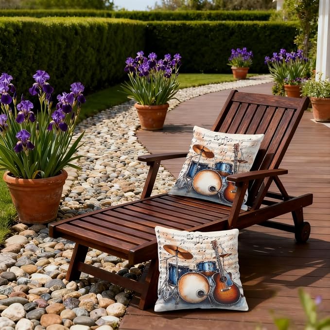 16x16 Inch Outdoor Pillow Covers Set of 2 Waterproof Throw Pillow Covers Decorative Couch Cushion Covers Music Guitar Drum Stand Square Pillowcases Protectors for Patio Garden Sofa