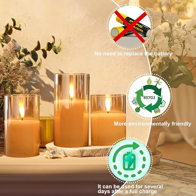 GenSwin Rechargeable LED Flameless Flickering Glass Candles with Remote Timer, Battery Operated Pillar Candles Long Lasting Gold Real Wax USB Candle (D 3”×H 4”5”6”)