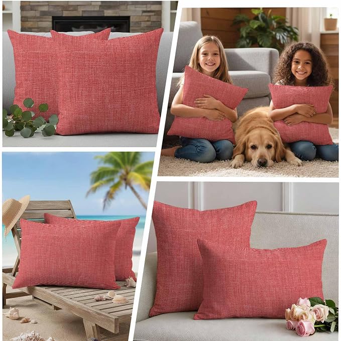 Outdoor Waterproof Throw Pillow Covers Set of 2 Coral Red Linen Lumbar Pillowcases 20x12 Inches Farmhouse Pure Color Decorative Pillows Cushion Case Patio Pillows for Couch Bed Chair Garden