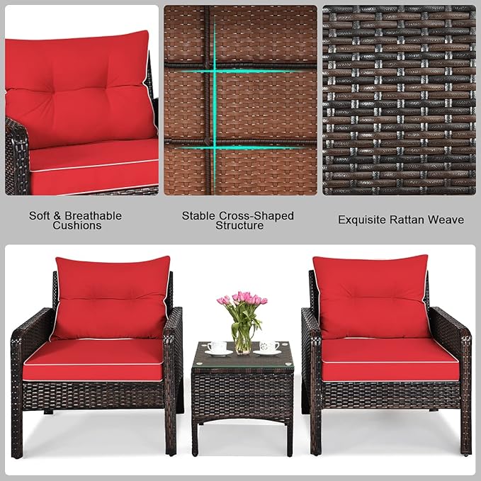 KOTEK 3 Piece Patio Furniture Set, Outdoor Wicker Conversation Bistro Set with 4 Cushions, All Weather PE Rattan Furniture Set for Garden, Backyard, Porch, Poolside (Red)