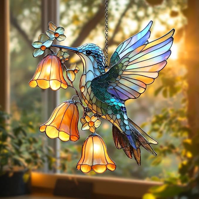 Hummingbird Acrylic Suncatcher, Boho Suncatchers for Window Hanging Ornament, Stained Glass Effect Art Garden Decor for Bird Lover, Gifts for Mother's Day, Mom, Grandma, Wife, Women, Nana