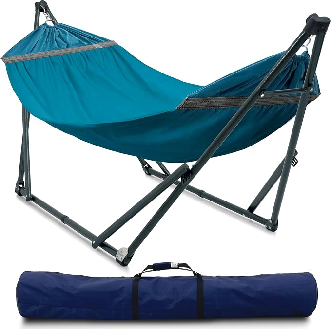 Tranquillo Ultimate Relaxation Portable Hammock Stand with Cotton Canvas Net, Spreader Bar, Quick Fold Unfold in 30 Seconds Steel Frame Hammock 600 lbs Capacity Outdoor, Blue