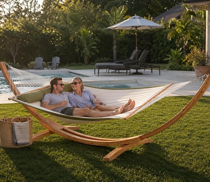Lazy Daze Hammocks 2 Person Double Quilted Hammock with Spreader Bar, Detachable Pillow & Side Pocket, 450lbs Capacity for Patio Yard Garden Outdoor, Natural & Green