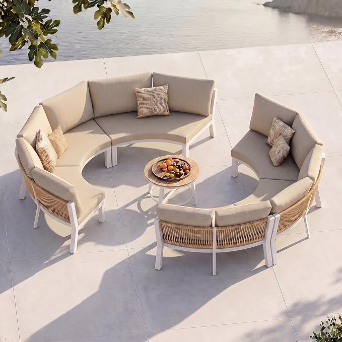 Half Moon Outdoor Patio Furniture Set, Aluminum Curved Patio Conversation Sets, Luxury Outdoor Sectional with PE Rope, All-Weather 7 Pcs Outdoor Couch with Coffee Table & Cushions, White