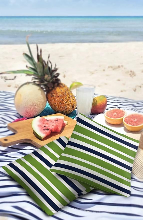Outdoor Waterproof Pillow Covers for Patio Furniture Navy Blue Green Stripes Decorative Throw Pillow Cover Lime Green Stripes Pillowcases Set of 2 Cushion Case for Sofa Couch Chair 20 x 20 Inches