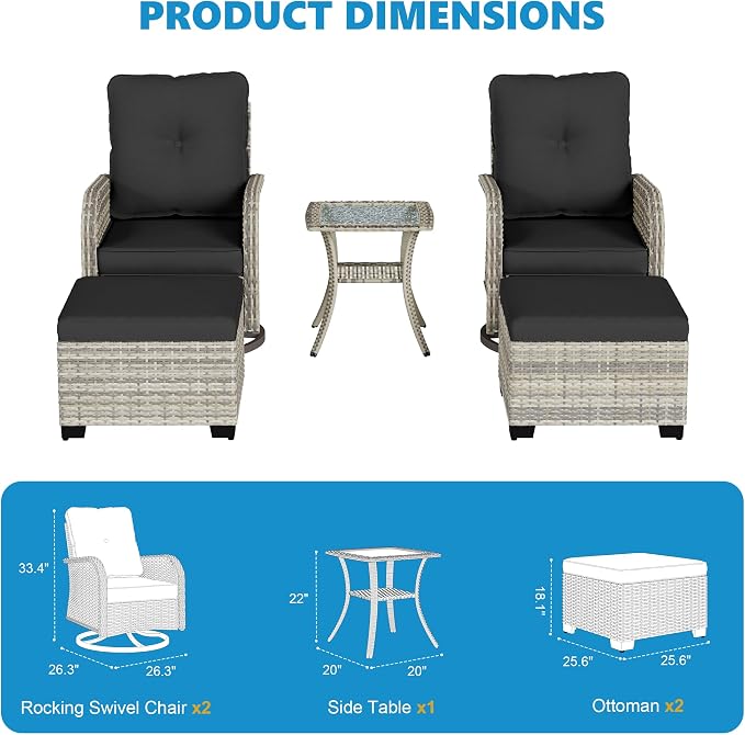 5-Piece Small Patio Furniture Set, Outdoor Swivel Rocking Chairs Set with Ottomans, Patio Bistro Set for Balcony, Deck, Porch, Black