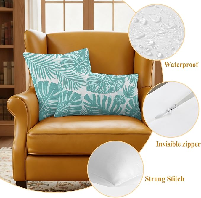 Aqua Teal Palm Leaves Outdoor Pillow Covers 20"x12" Set of 2, Tropical Botanical Minimalist Modern Waterproof Throw Pillow Covers for Patio Furniture, Decorative Cushion Covers for Porch