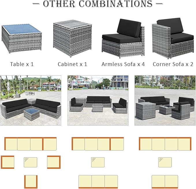 RELAX4LIFE 8-Piece Patio Furniture Set - PE Wicker Conversation Set w/Soft Cushions & Tempered Glass Storage Table, Outdoor Sectional Sofa Set for Garden, Poolside, Backyard (Grey)