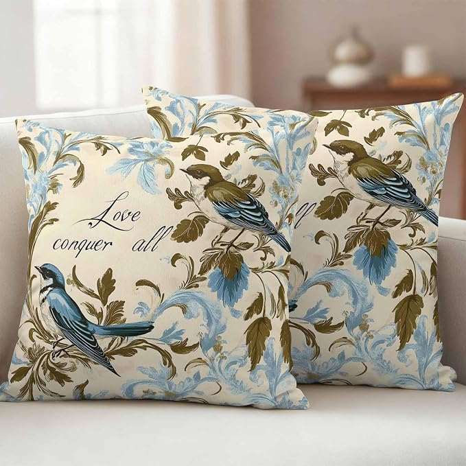 Vintage Bird Flower Outdoor Waterproof Throw Pillow Covers Set of 2, 24"x24", Watercolor Green Blue Floral Decorative Pillow Covers Outside Cushion Case for Patio Porch Garden