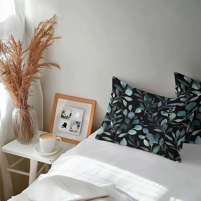 Lumbar Pillow Covers 20x12 Inch Set of 2, Teal Black Botanical Waterproof Outdoor Pillow Covers, Spring Eucalyptus Leaves Greenery Decorative Cushion Pillowcases for Couch, Sofa, Bed, Garden, Patio
