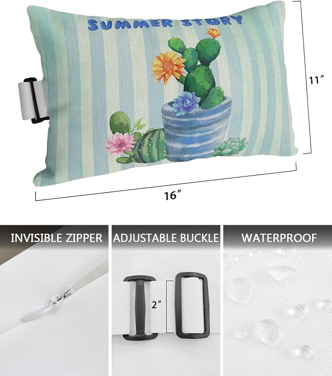 Outdoor Pillows Covers with Inserts SUMMER Cactus Succulents Green Plants Teal Stripes Waterproof Pillow with Adjustable Strap Throw Pillows for Patio Furniture Recliner Lounge Chair, 11x16 inch, 1PCS