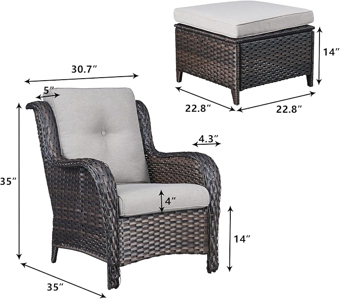 Rilyson Luxury 4 Pieces Patio Wicker Furniture Ottomans, Wicker Patio Chairs Set of 2 with Ottoman, Rattan Outdoor Porch Chair with Thick Cushion for Balcony Deck Yard and Porch (Brown/Beige)