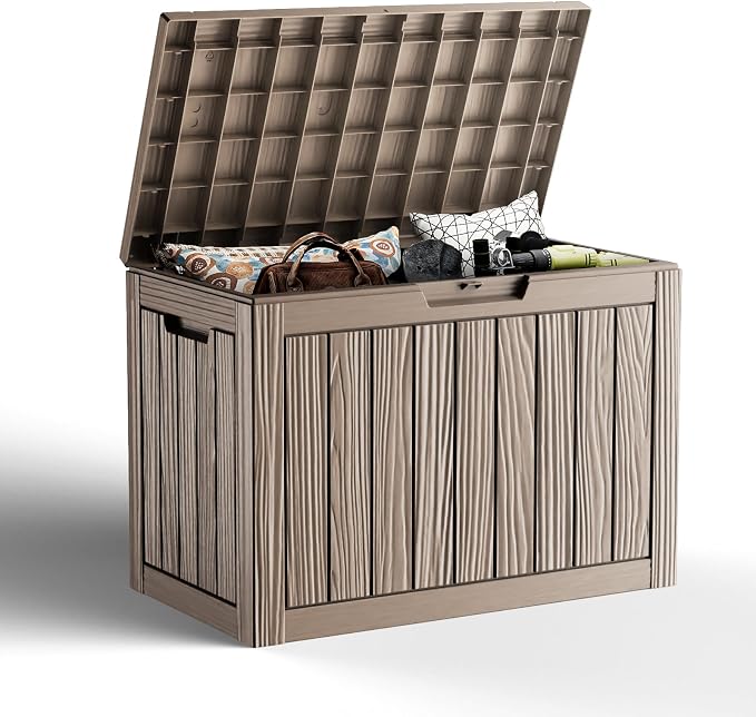 45 Gallon Outdoor Storage Box, Weather Resistant & Waterproof Resin Deck Box with UV Protection, Rattan Black Patio Storage Cabinet for Garden, Patio, Porch, Poolside(Gray)