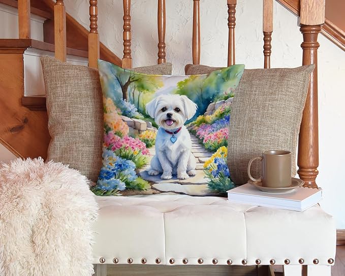 Caroline's Treasures Maltese Spring Path Throw Pillow Machine Washable, Indoor Outdoor Decorative Pillow for Couch, Bed or Patio, 14Hx14W