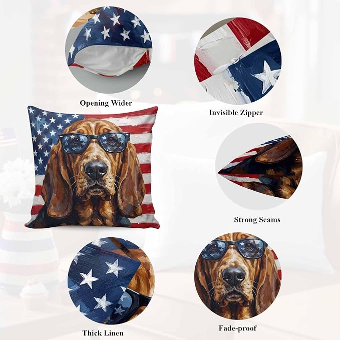 Outdoor Pillow Covers Waterproof Pillow Cases Protector Independence Day USA Flag Pillowcase Pack of 2 Basset Hound Patriotic Sunglasses Throw Cushion Case for Pation Furniture,Couch,Sofa,16X16IN