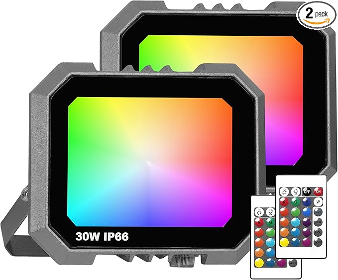 Leddictive 2 Pack RGB LED Flood Light 30W, 300W Equivalent 3000 LM Outdoor Landscape Flood Lights with 2 Remote, IP66 Waterproof Outdoor Light for Christmas Party Stage Uplight Wall Wash