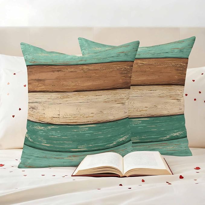 Farmhouse Teal Brown Outdoor Waterproof Pillow Covers, Vintage Wooden Striped Decorative Square Throw Pillowcase Sofa Cushion Sham for Patio/Couch/Chair, 20"x20" 2 Pack