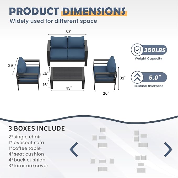 Amopatio Aluminum Patio Furniture, 5 Pieces Metal Outdoor Furniture Set, Outdoor Sectional Modern Sofa Sets with Coffee Table for Pool, Garden, Dark Grey&Blue (Included Waterproof Covers)