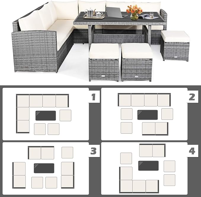 HAPPYGRILL 7 Pieces Rattan Wicker Patio Conversation Set, Outdoor Patio Furniture Set with Cushions, Rattan Sofa Set with Dining Table & Ottomans for Poolside Backyard Balcony Garden (Beige)