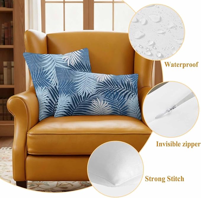 Blue Palm Leaves Waterproof Outdoor Pillow Covers Set of 2 Home Decor, Summer Tropical Leaf Plant Pillowcase Patio Pillow Covers for Couch Bench Patio Furniture Garden 18x18in