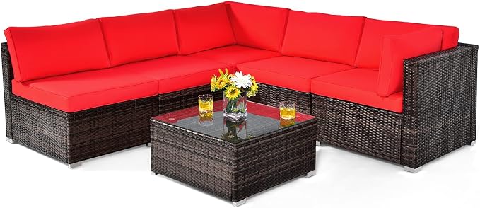 Tangkula 6 Pieces Patio Furniture Set, Outdoor Wicker Conversation Set with Glass Coffee Table, Wicker Sofa Set with Cushions, Rattan Sectional Conversation Set for Backyard Garden Poolside, Red