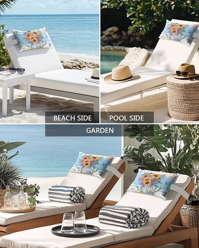 Pack of 2 Outdoor Lumbar Cushions Pillows, Summer Sunflower Blue Stripe Starfish Shell Ocean Flower Waterproof Fluffy Fade Body Pillows, Patio Furniture Pillow for Home Balcony Garden Decor 11x16IN