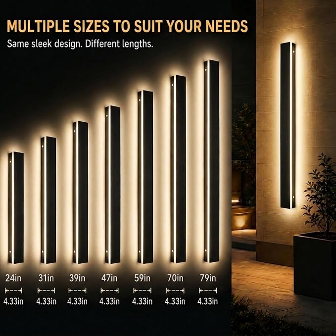 Modern Outdoor Wall Light 2pack 24in, 4.33in Width, Dimmable LED | 2400LM for Garage Front Door Porch, IP65 Waterproof Outdoor Sconce, Cover All Jbox, 3000K-6000K Adjustable, Matte Black