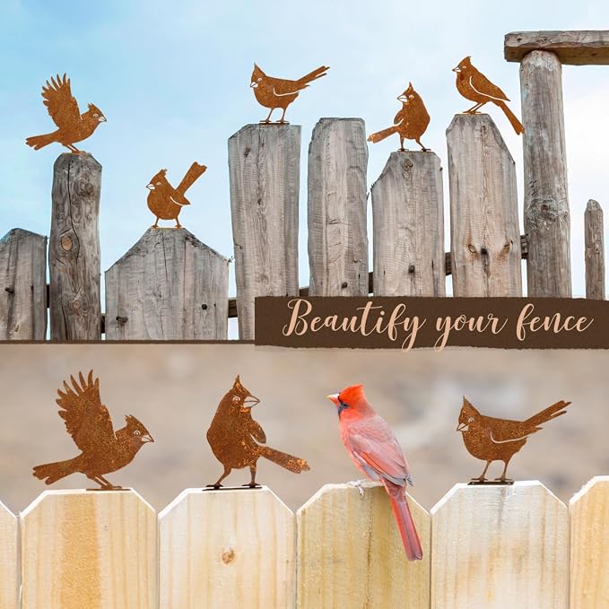 OULYDEKO 5PCS Rusty Birds Decoration, Garden Decor Spring Decorations Outdoor, Metal Birds Yard Decor Perfect Yard Art and Large Outdoor Ornaments, Cardinal Gifts，Metal Bird Silhouette Statues