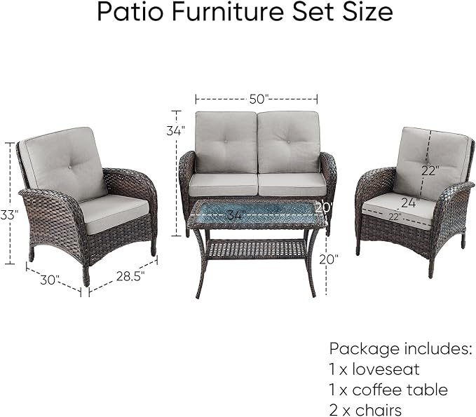 HUMMUH 4-Piece Patio Furniture Wicker Outdoor Conversation Set,All-Weather Rattan Outdoor Sofa Set Patio Chairs Coffee Table for Backyard,Porch,Deck