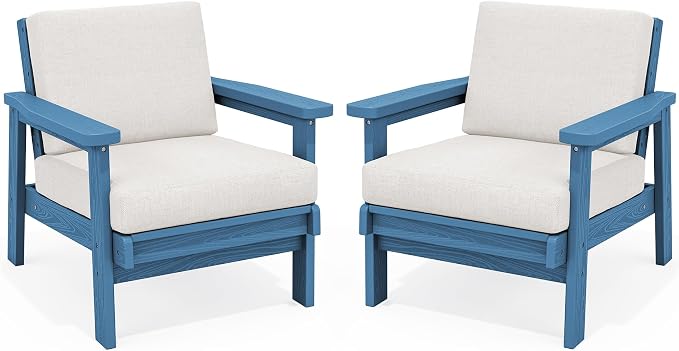 SERWALL HDPE Outdoor Couch Set of 2, Blue Frame and Khaki Cushion