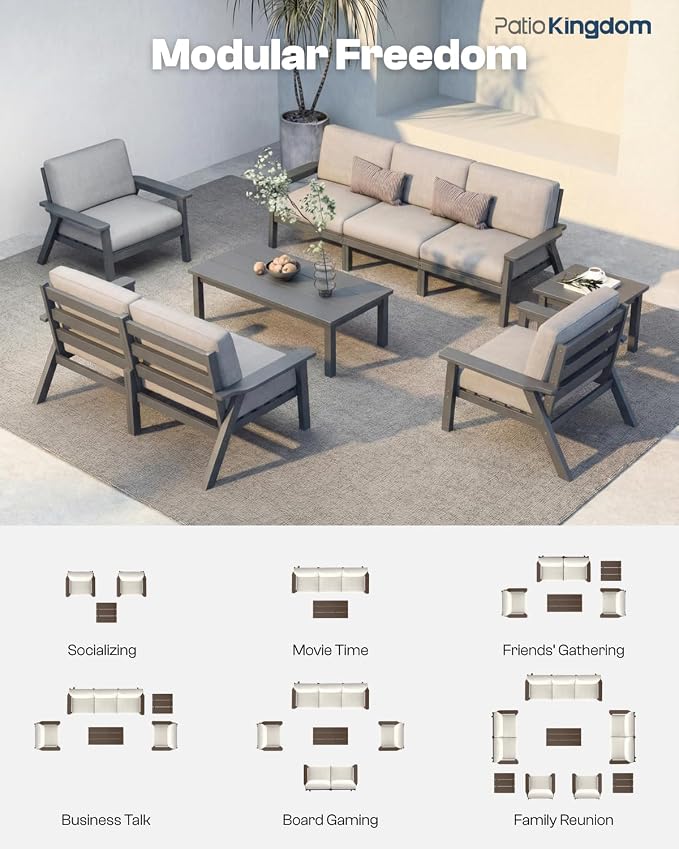 Patio Furniture Set 6 Seats, HDPE Outdoor Sectional with Gray Washable Thick Cushions, Coffee Table, Patio Conversation Sets for Lawn, Garden, Porch, Balcony, Deck (Grey Frame)
