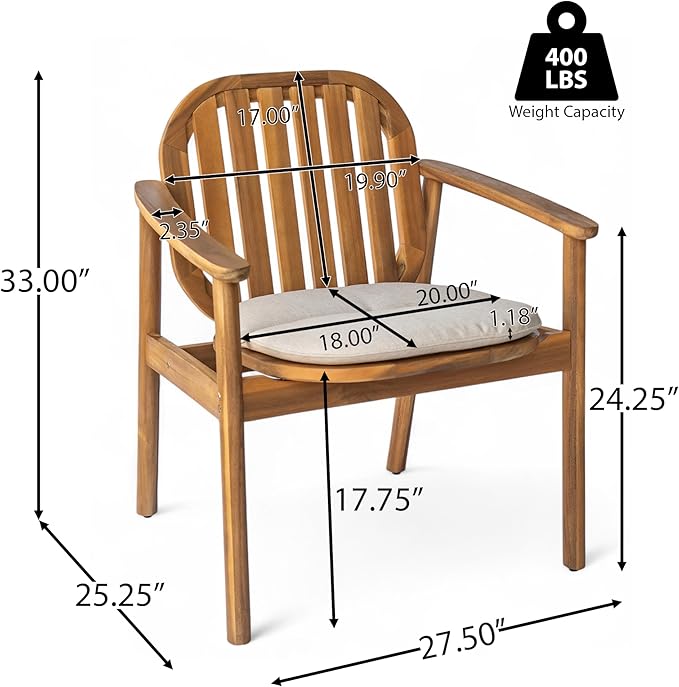 Merax Patio Dining Chairs Set of 2, Acacia Wood Rustic Outdoor Dining Chairs with Upholstered Cushion & Backrest, Outside Armrest Patio Chair for Garden Balcony Backyard, Teak Finish